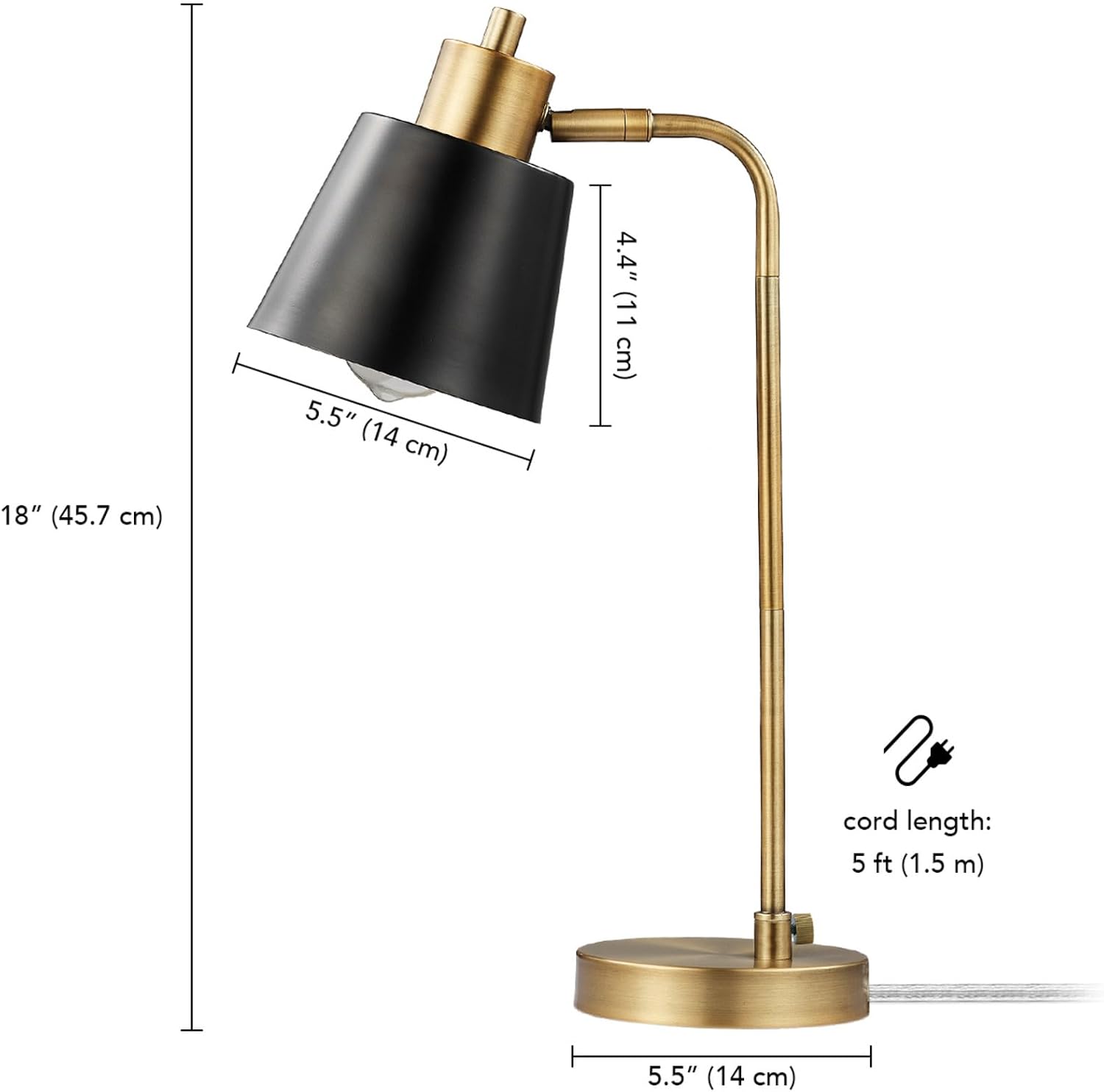 Globe Electric 61000055 18" Desk Lamp, Matte Brass Finish, Black Metal Shade, Adjustable Pivot Joint, On/Off Rotary Switch on Shade, E26 Base, Modern Lamp for Living Room or Home Office