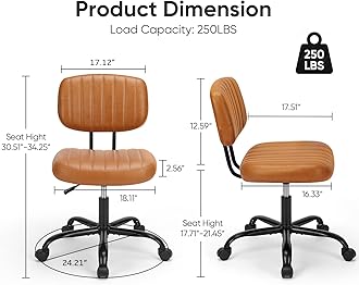 DUMOS Armless Home Office Desk Chair -Small Ergonomic with Low Back Lumbar Support, Height Adjustable PU Leather Computer Task with 360° Swivel Rolling Wheels, for Small Space, Brown