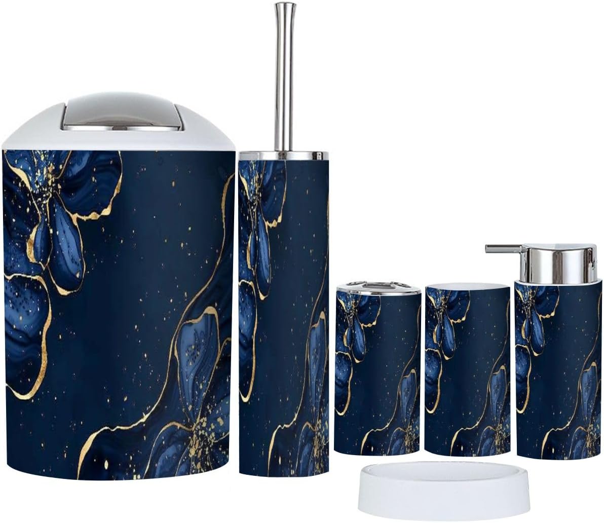 Bathroom Accessory Set 6 Piece Navy Blue Liquid Marble Watercolor Gold Lines Royal Dark Cyan Marbled Toothbrush Holder, Toothbrush Cup, Soap Dispenser, Soap Dish, Toilet Brush Holder, Trash can