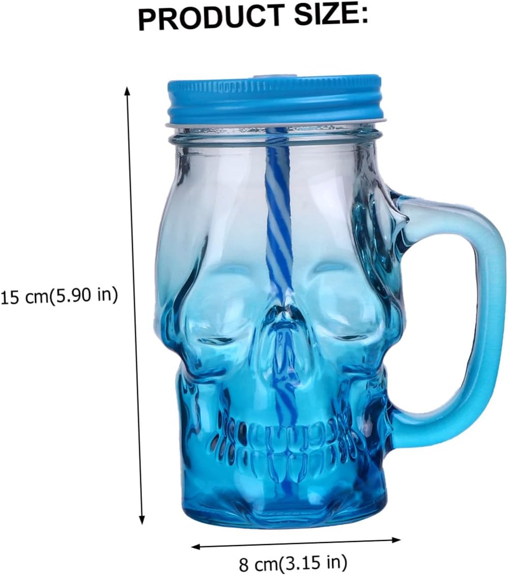 2pcs Halloween Skull Glass Cups with Handle 500ml Drinking Glasses for Party Beverage and Beer Halloween Skull Drinkware Set with Lid and Straw Novelty Glassware Random Color