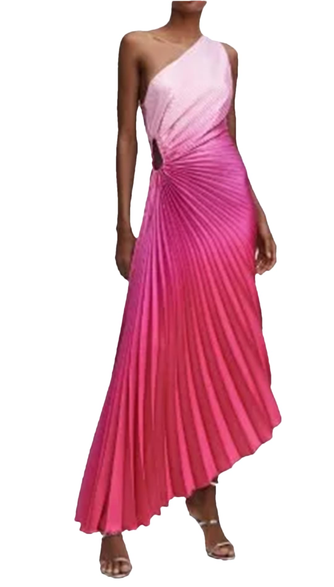 Women Gradient Printed Pleated One Shoulder Roll Waist Maxi Irregular Big Swing Dress