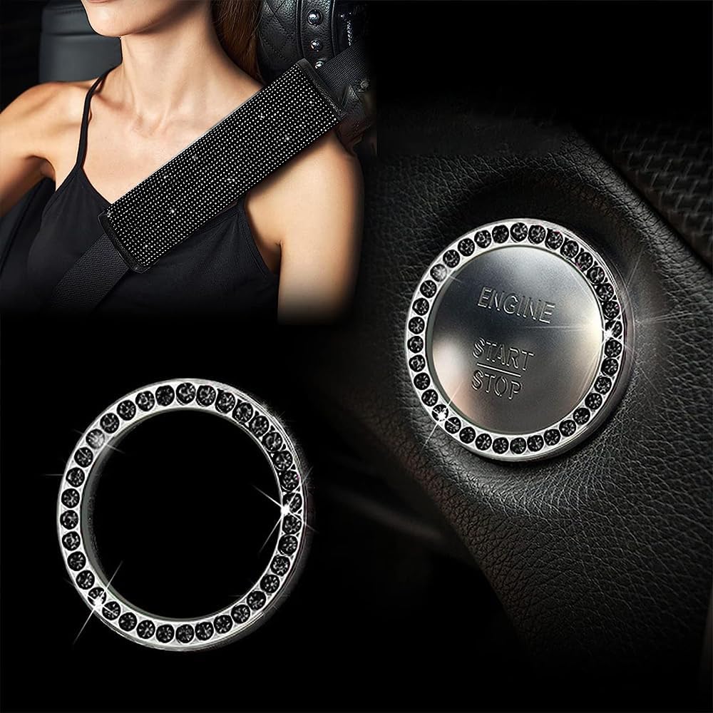 11 Pcs Bling Car Accessories Set,Bling Car Accessories Set for Women, Bling Steering Wheel Cover for Women Universal Fit 15 Inch, Rhinestone Center Console Cover (Black)