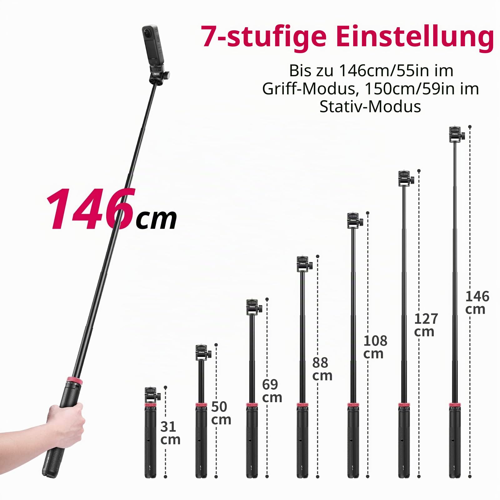146cm Selfie Stick Stativ Kamera Action Kamera, ULANZI MT-71 Ausziehbar Selfie Stick Stativ Kompatible mit One XR/RS/GO 2 DJI Action