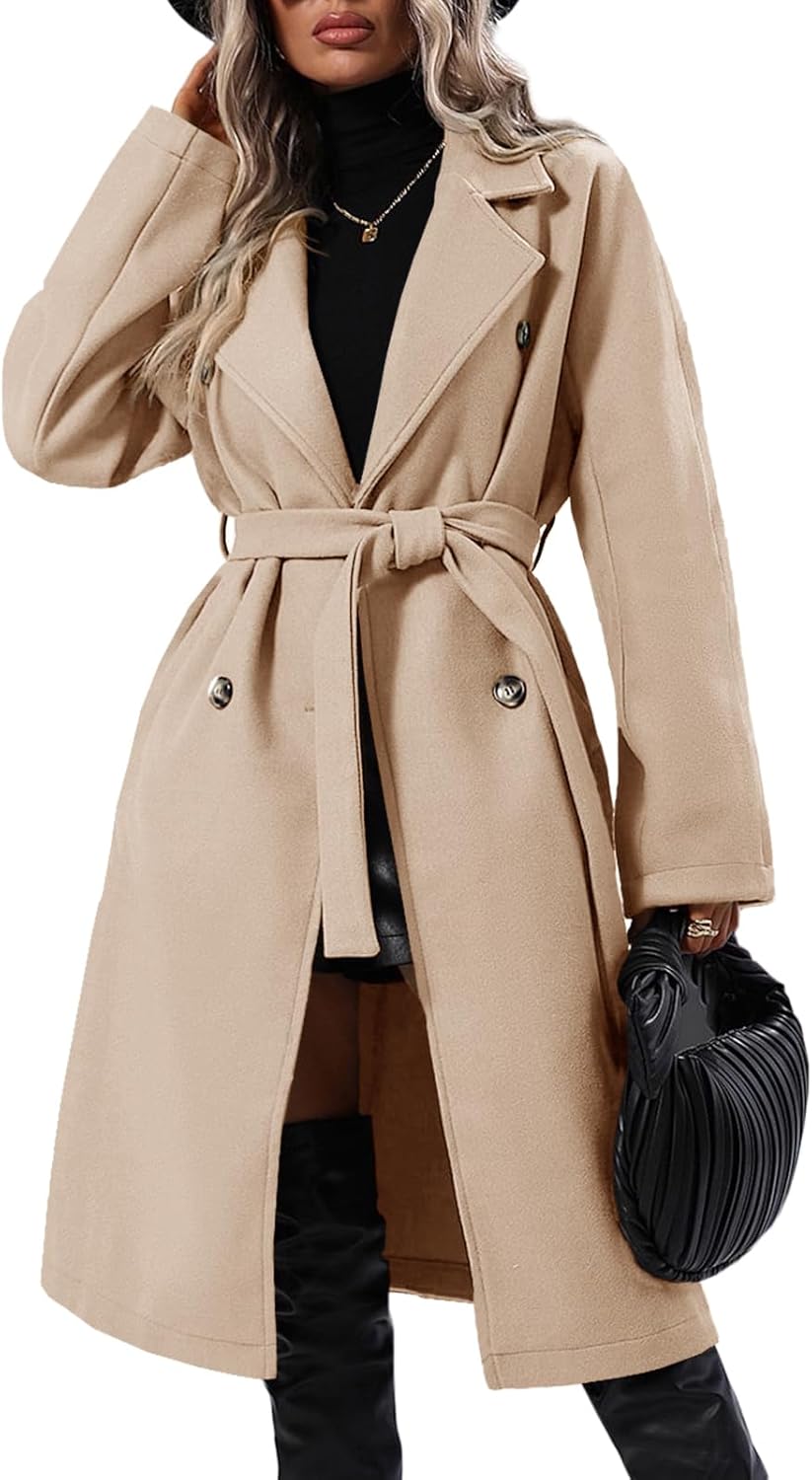 Danedvi Women Elegant Wool Pea Coat Lapel Collar Double Breasted Mid-Long Winter Overcoats with Belted Pockets - Image 4
