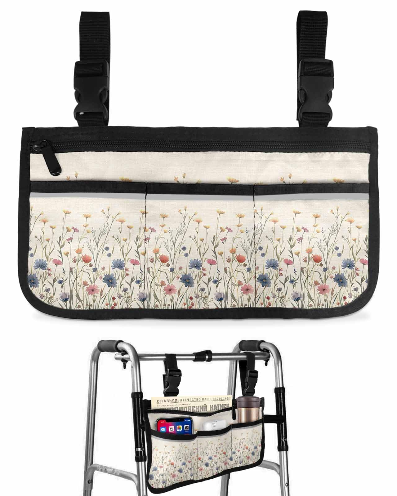 Anzona Farmhouse Botanical Wheelchair Side Bag Walker Bag, Watercolor Floral Leaves Burlap Wheelchair Accessories Armrest Pouch, Organizer Storage Bag for Walkers, Rollators, Scooters, 7.3''x13''