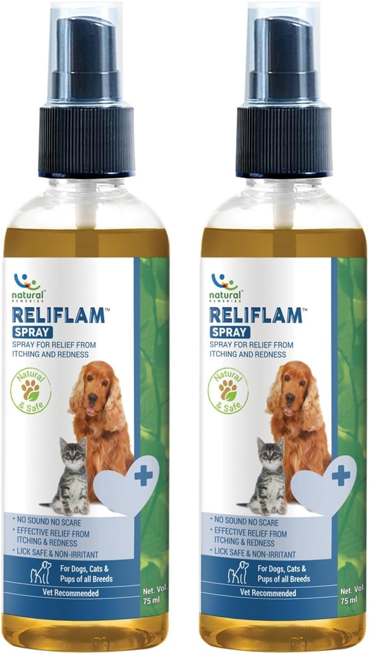 Natural Remedies Reliflam Itch & Redness Relief Spray for Dogs, Cats, Lick Safe, Reduces Hair Fall, Moisturizes Dry Skin, All-Natural Ingredients, Pet Friendly, Allergy Relief, 75ml - Pack of 2