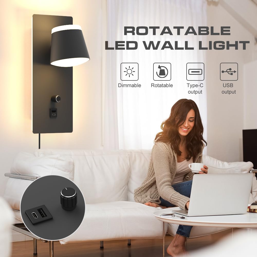 Sytmhoe Lampa ścienna do sypialni z przełącznikiem, wtyczką USB typu C, funkcja ładowania, 25 W, 2000 lm, ściemniana, nocna 3000 K, 6000 K, 4500 K, nowoczesna czarna lampa ścienna do wnętrz z kablem