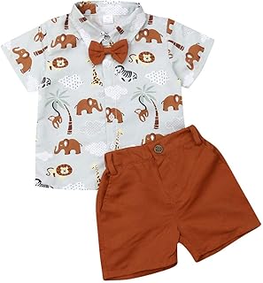 2 PCS Conjunto de Ropa Verano para Bebé Traje Informal de Playa Camisa de Manga Corta con Pajarita y Estampado de Dibujo Animado + Pantalones Cortos para Niños Pequeños