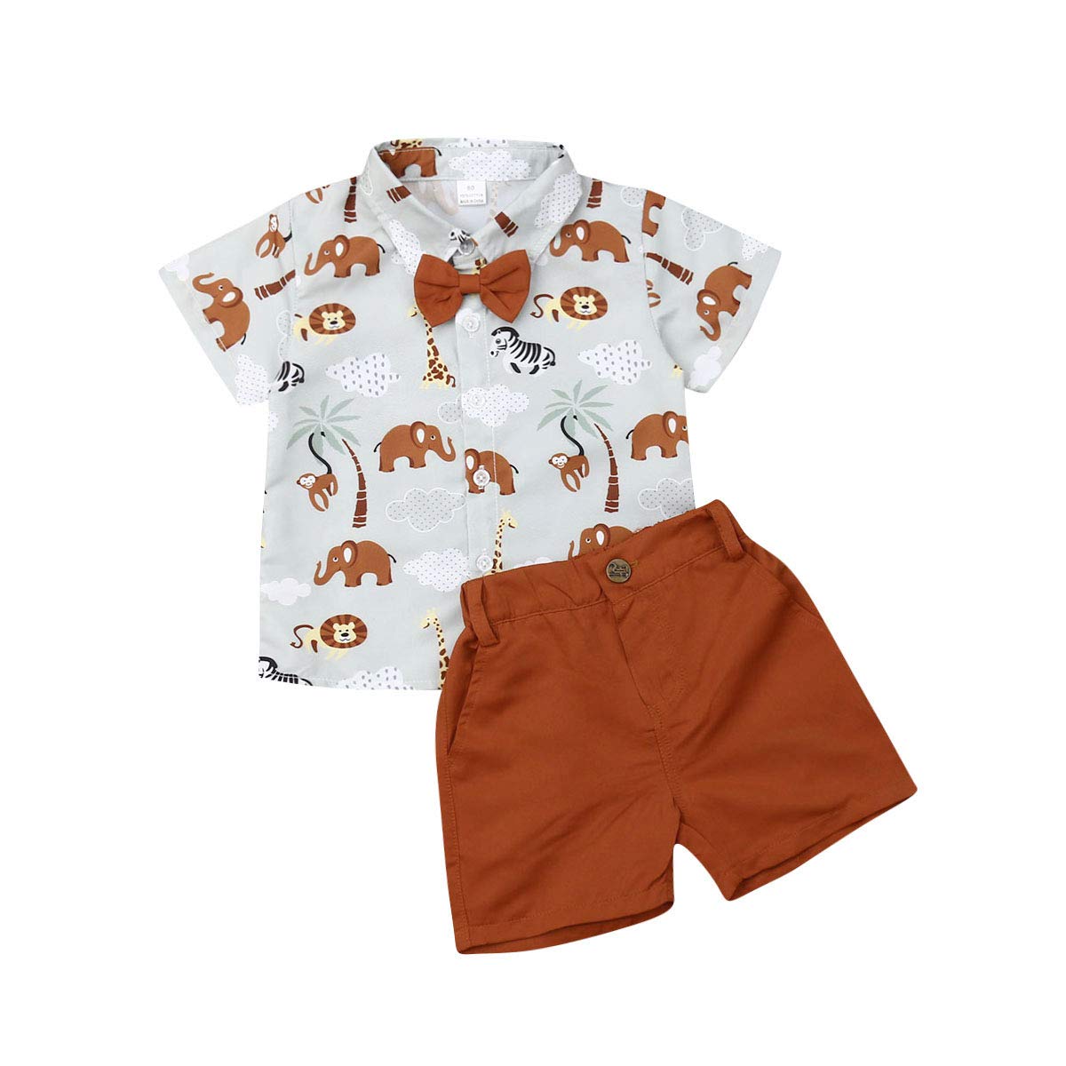 XIXIMAON 2 PCS Conjunto de Ropa Verano para Bebé Traje Informal de Playa Camisa de Manga Corta con Pajarita y Estampado de Dibujo Animado + Pantalones Cortos para Niños Pequeños