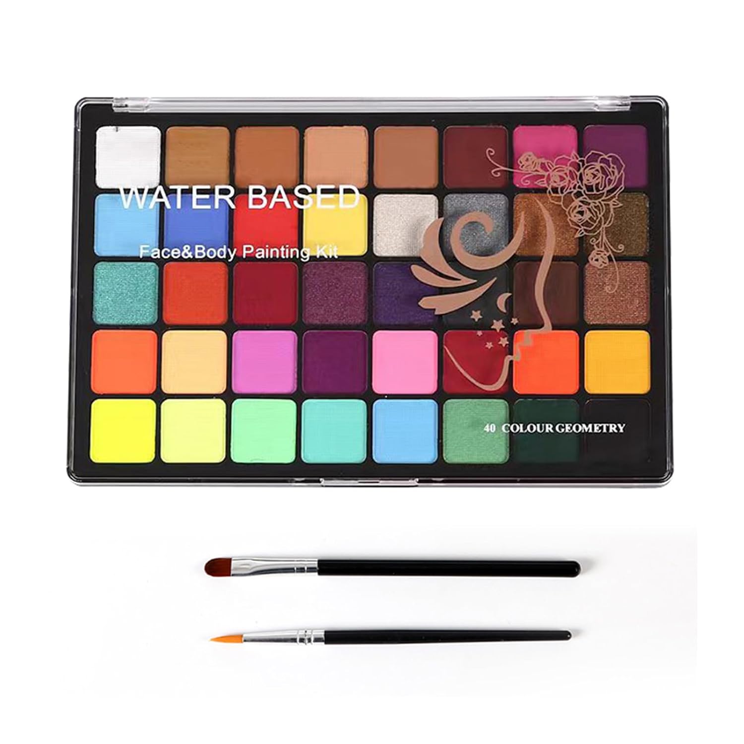 Professional 40-Color Watercolor Face Paint Palette Set - Safe & Body Painting Kit with 10 Brushes, 4 Stencils & 2 Gem Stickers for All Occasions (2)