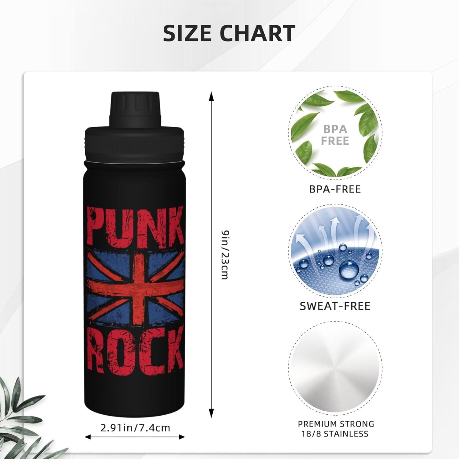 Punk Rock American Flag Water Bottle 18OZ Stainless Steel Insulated Water Bottles With Spout Lid Sports Keep Cold and Hot Water Bottle For Biking Hiking
