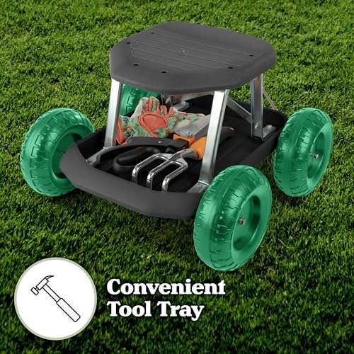 Gardening Stool - Rolling Garden Seat with Wheels and Storage Tool Tray - Garden Cart Scooter - Yard Tools by Pure Garden (Black and Green) by Pure Garden - Image 4