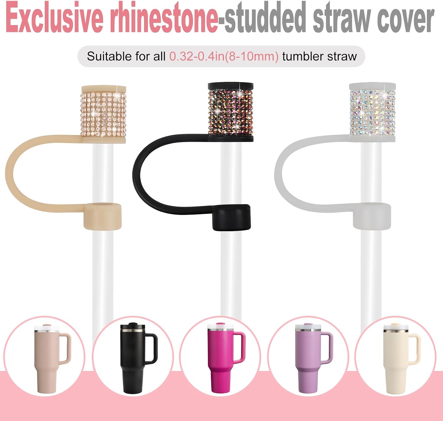 Rhinestone Stanley Cup Accessories Set Including 0.4in Bling Straw Covers, Spill Proof Stopper, Diamond Glitter Silicone Boot for Stanley Accessories 40oz (Fit 40 oz, Black Gold) image 4
