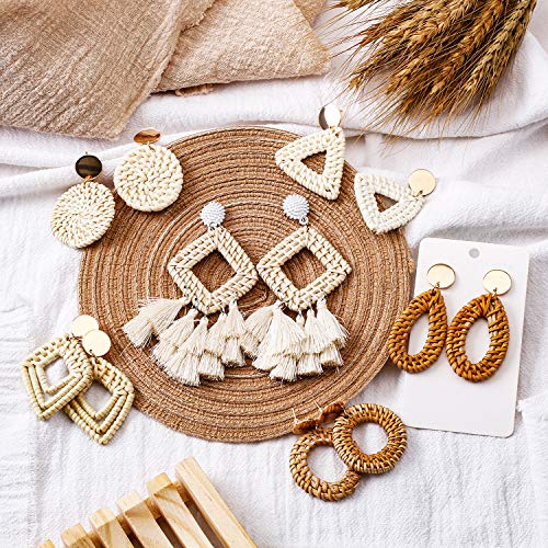 Meekoo MEEKOO-EARRINGS-01 6 Pairs Woven Rattan Earrings Dangle Hoop Tassel Earrings Bohemian Statement Handmade Wicker Straw Circle Drop Earrings thumb #2
