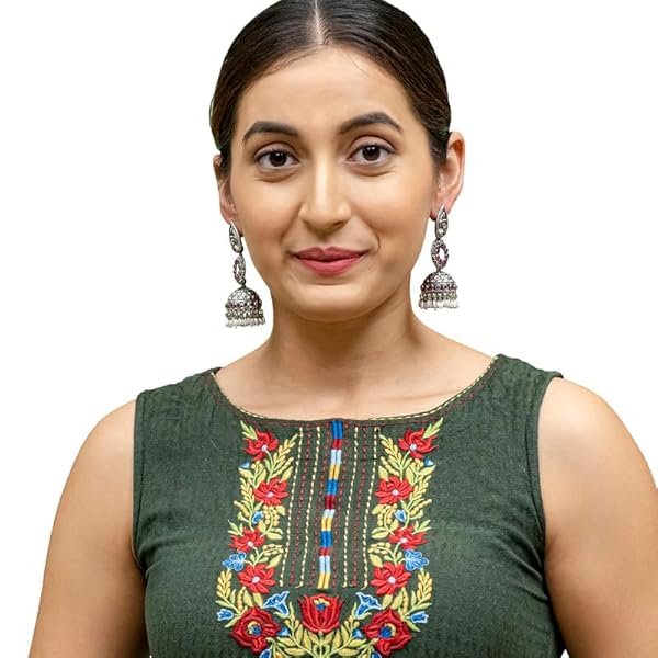 Shining Jewel Traditional Indian Matte Silver Oxidised CZ, Crystal Studded Jhumka Earring For Women - Silver,Green (SJE_111_S_G) - Image 3