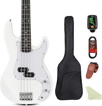 Electric Bass Guitar 4 Strings Full-Size Standard Bass PB-Style Beginner Kit Black for Starter with Gig Bag Guitar Strap and Guitar Cable(PB-White)