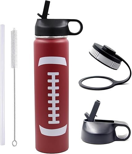 Miniatura 17 de Botella de agua de fútbol americano de 12 onzas con pajilla, termo deportivo de metal de viaje con 2 tapas, acero inoxidable de doble pared con