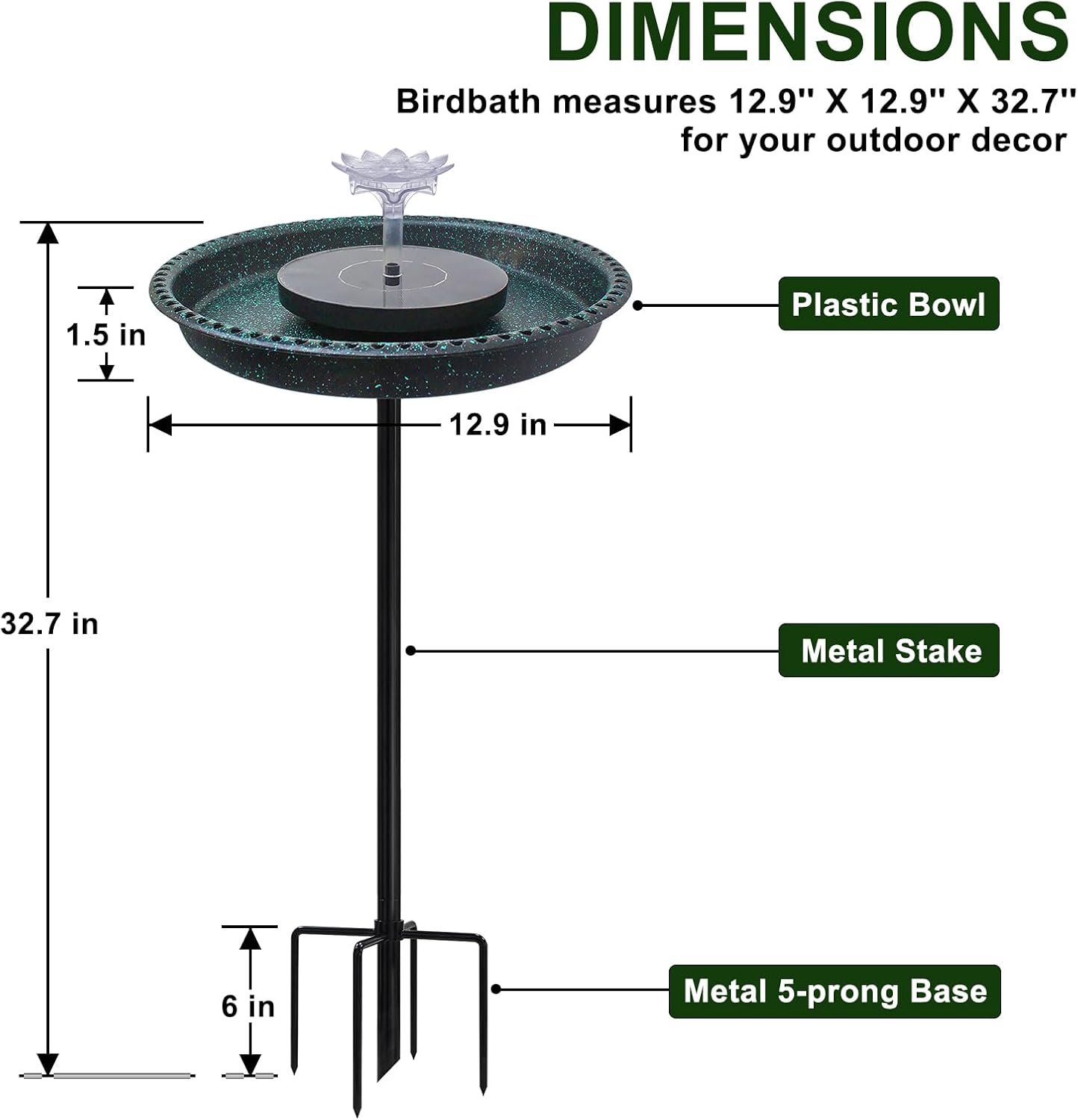 Bird Bath with Solar Fountain, Durable 5-Prong Base Solar Bird Bath with Stable Metal Stake, Detachable Solar Powered Bird Baths for Garden Outdoor Yard Lawn, Spotted Green
