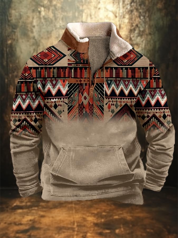 Western Fleece Jacket Men Aztec Cowboy Pullover Vintage Cow Skull Print Sweatshirts 1/4 Zipper Western Sweater Jacket2