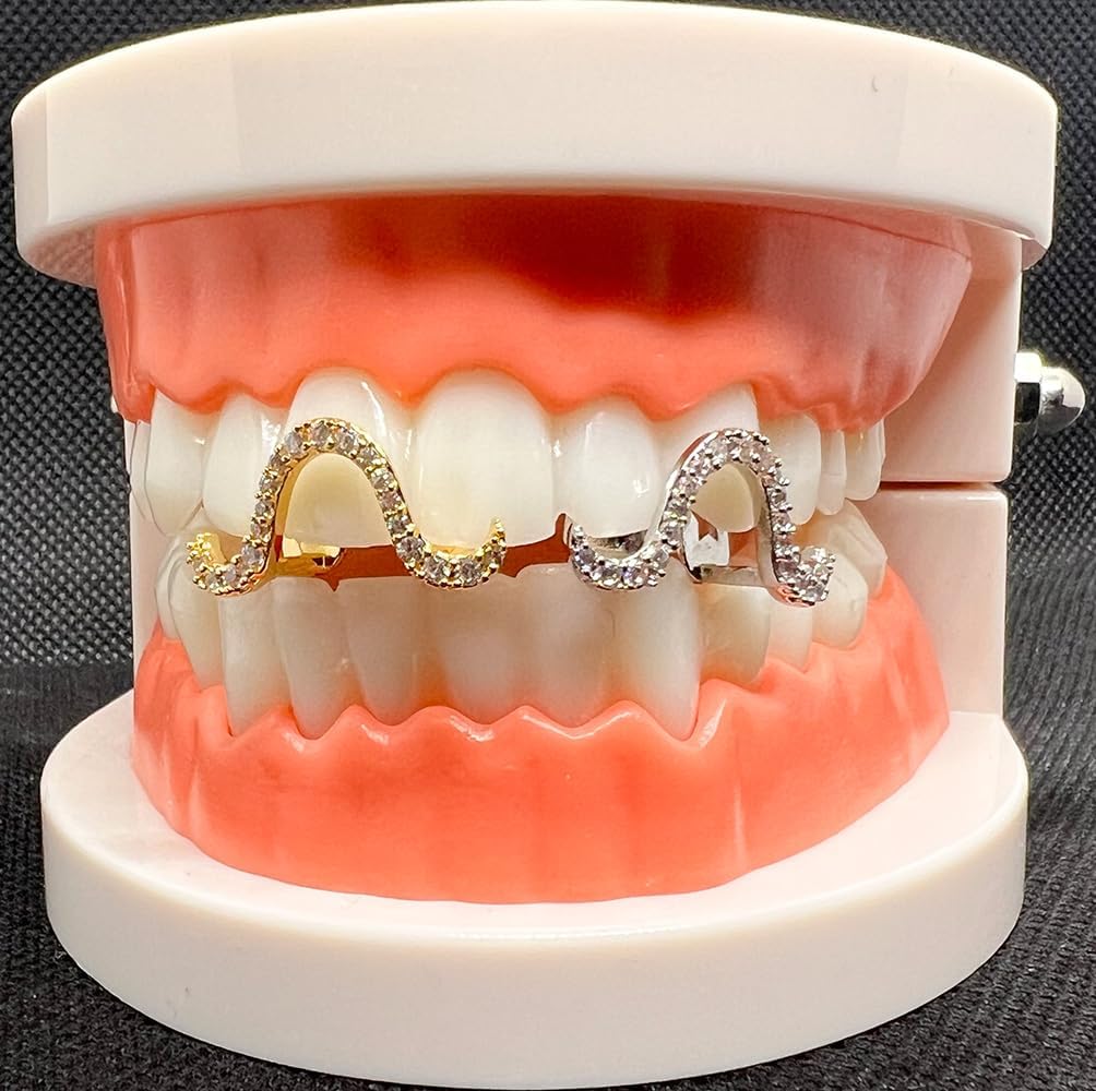 2 PCS Twisted Wave Full Diamond Iced Out Gold-plated Diamond Gold and Silver Grillz Teeth Cap for Bottom or Upper