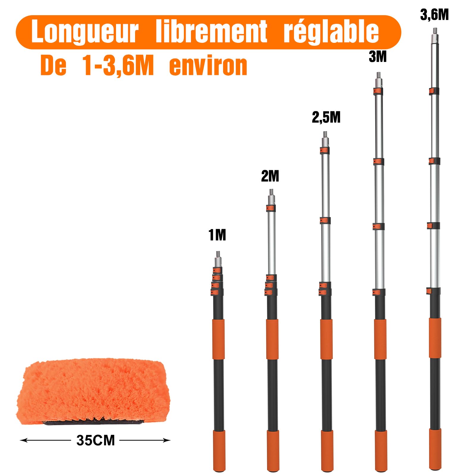 LAANPOLE Brosse Nettoyage Voiture avec Perche Telescopique 3,6m, Brosse Lavage Voiture avec Brosse Douce, Serpillière en Microfibre, Raclette Vitre, Gant, Brosse Jantes pour Camping-Car, Camion