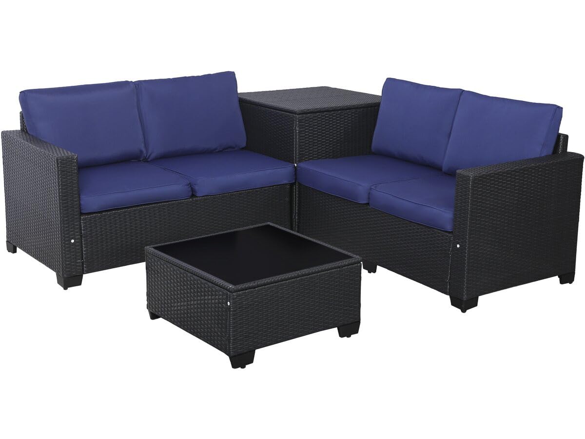 Salon de Jardin en résine tressée avec Coffre de Rangement Riley - 4 Places - Bleu foncé