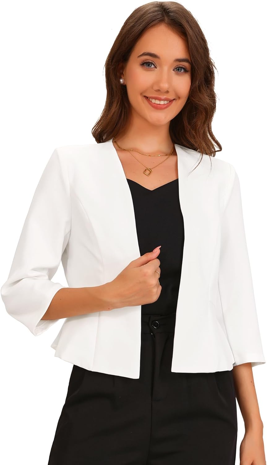 Allegra K Elegant Blazer for Women’s Open Front Collarless 3/4 Sleeve Peplum Business Work Suit Jacket