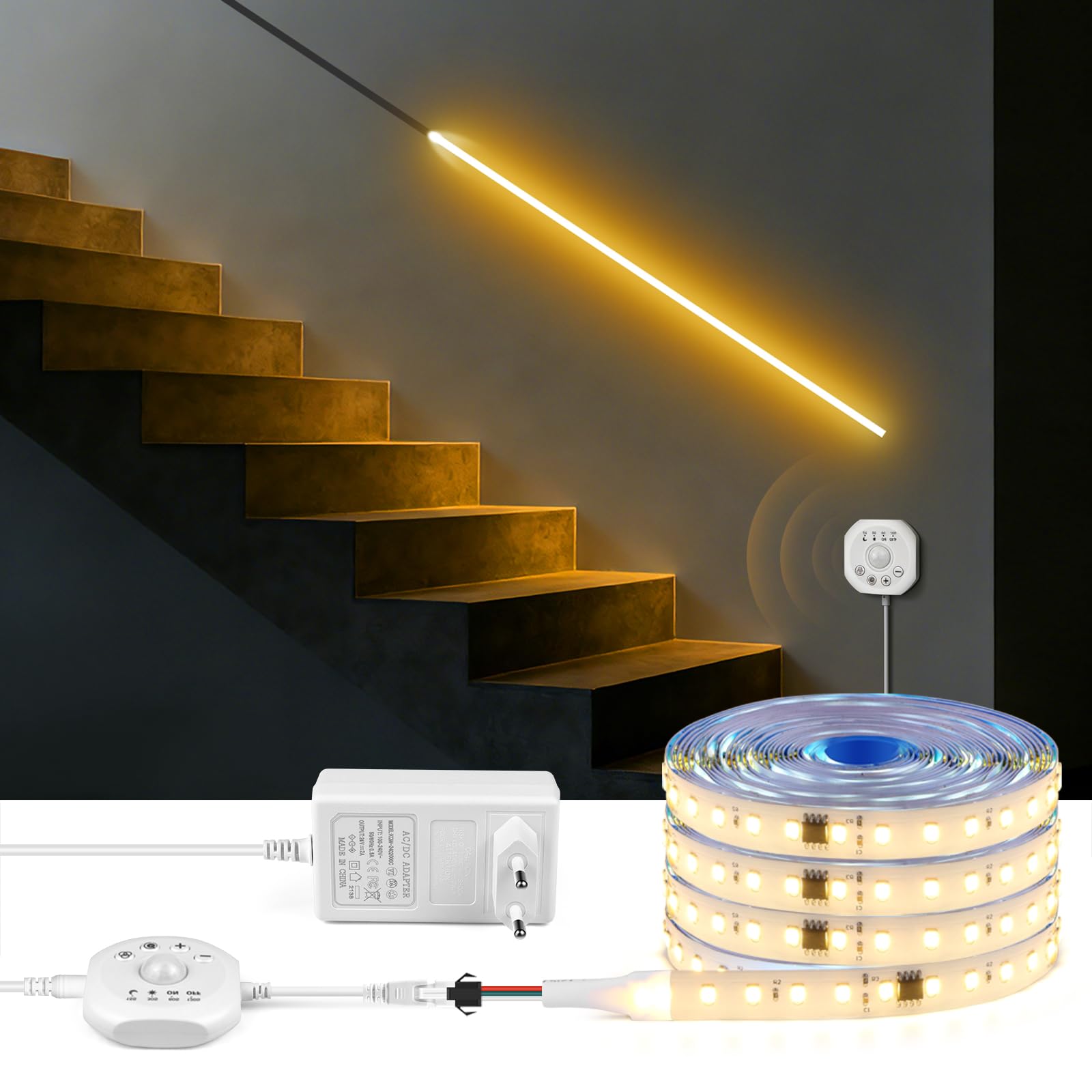 AIMENGTE COB LED Streifen, 5 m Warmweiß LED Treppenbeleuchtung mit Bewegungsmelder, Ausgestattet mit Zwei Beleuchtungsmodi, für Unterschränke, Küche, Treppen, Schlafzimmer