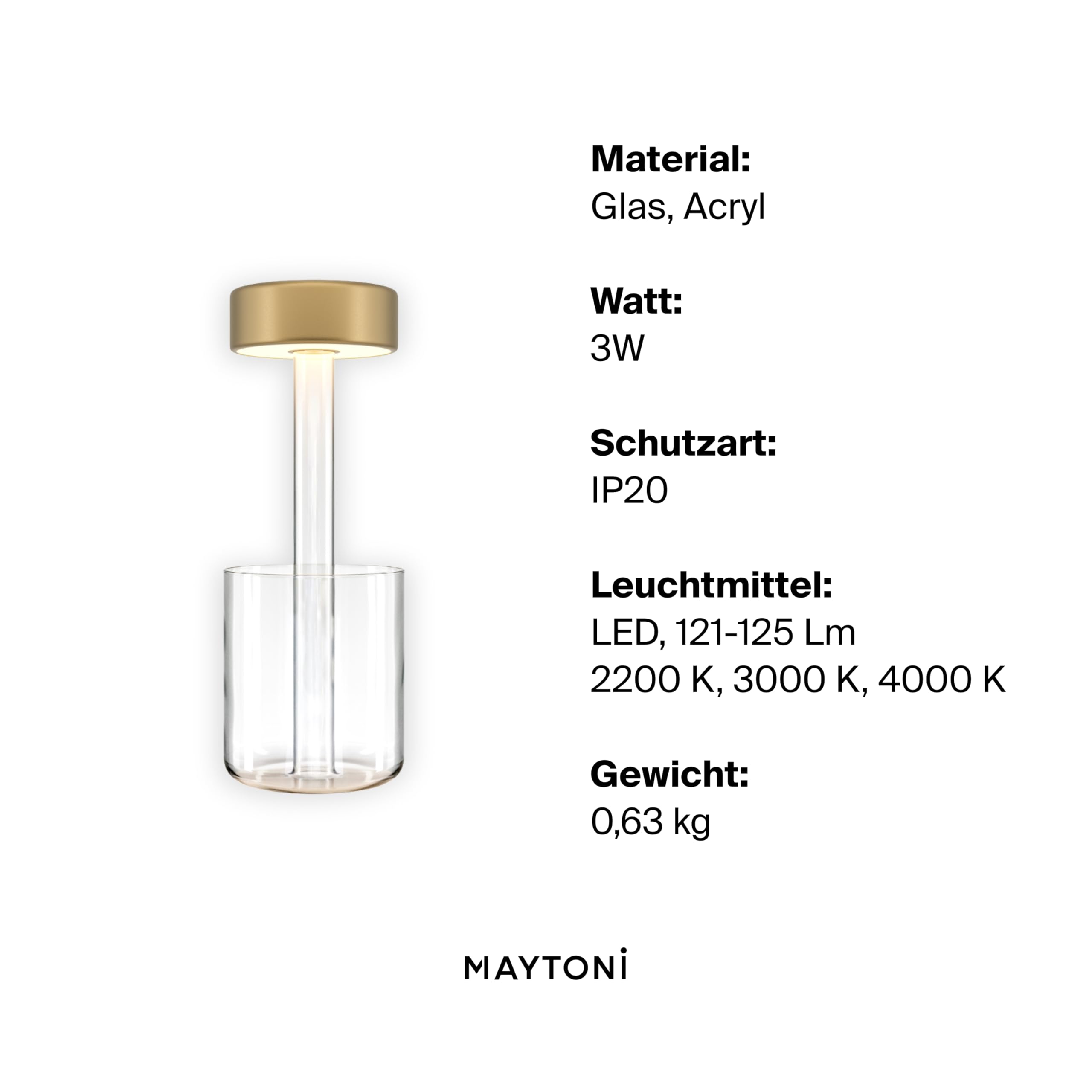 Maytoni Akku-Tischleuchte Symbia Glas Gold, LED 3W dimmbar, 3 Farbtemperaturen 2200K 3000K 4000K, kabellos, IP20, Tischlampe Restaurant Terrasse, 2 in 1 Vase und Lampe, Touch Bedienung