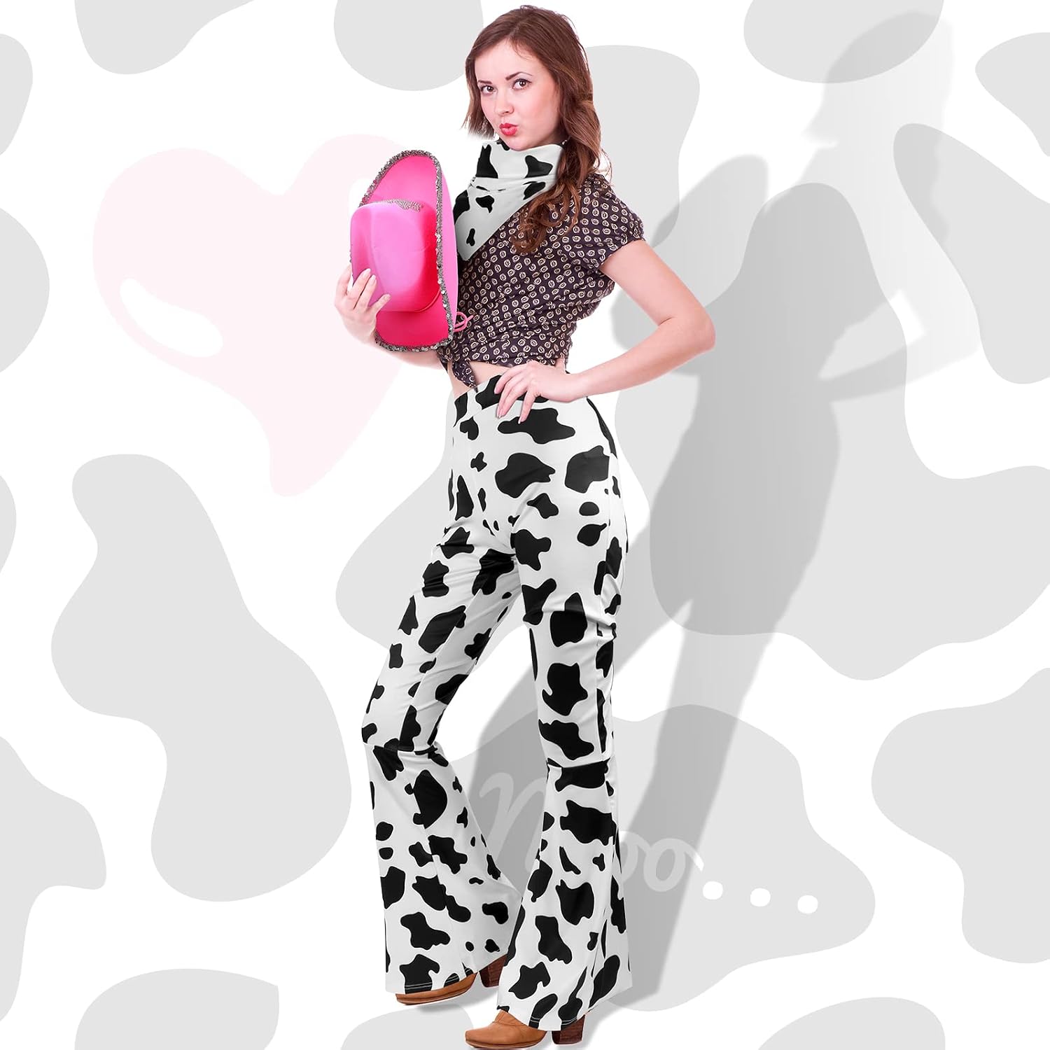 Haysandy 3 Pcs Cow Print Costume Set Include Cow Print Pants Pink Hat, Bandanna for Halloween Party