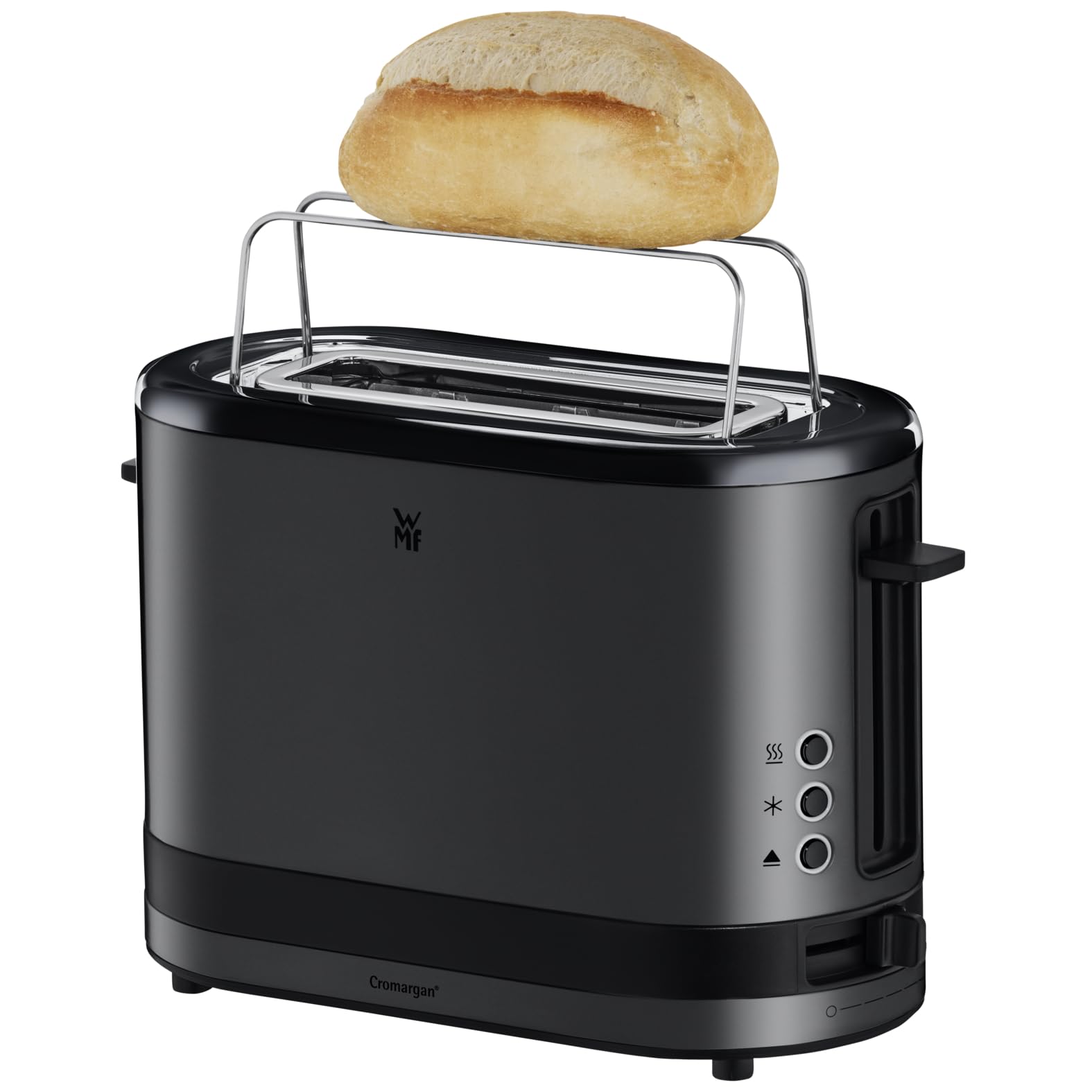 WMF Küchenminis toster 1 kromkowy z nasadką do bułek, na 1 szybę XXL, funkcja rozmrażania, toster z długim szczeliną z 7 poziomami opiekania, 600 W, stal nierdzewna, czarny matowy