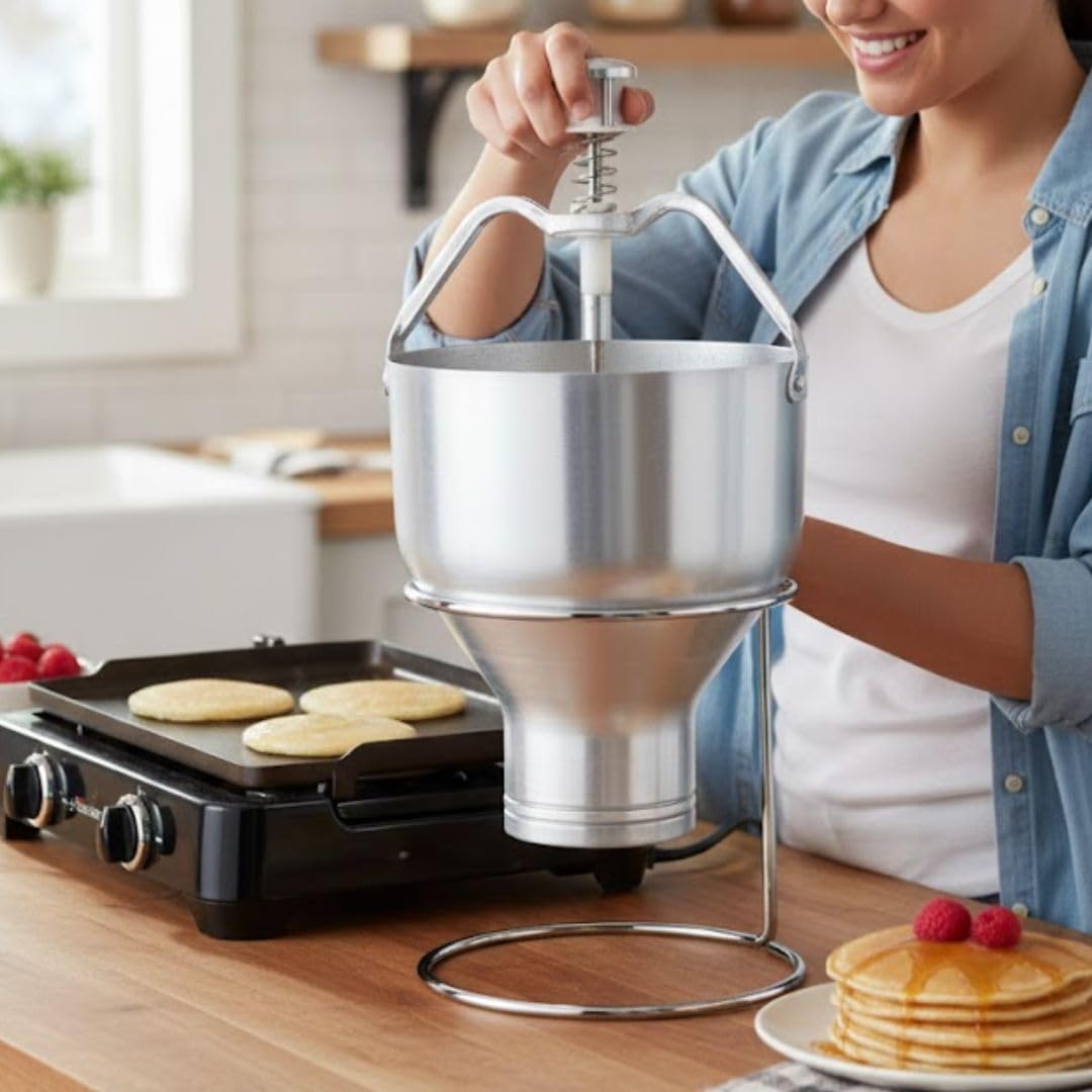 Soro Essentials- 88 oz Pancake Batter Dispenser Aluminum with (8) Portion Settings 1/2 oz. to 8 oz- Plunger Batter Separator Batter Dispenser Great for Pancakes Cupcake Donut Waffle for Home Kitchen