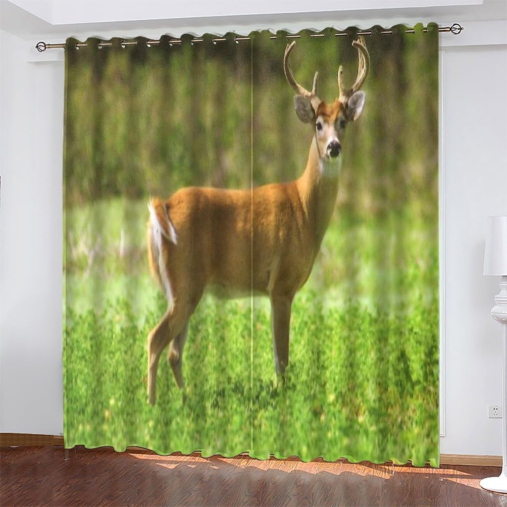 Générique Zasłony zaciemniające termiczne brązowe jeleń z oczkami zielona trawa zasłona do salonu i sypialni - zestaw 2 sztuk (70x145cm) - nowoczesny i elegancki styl AJ2346