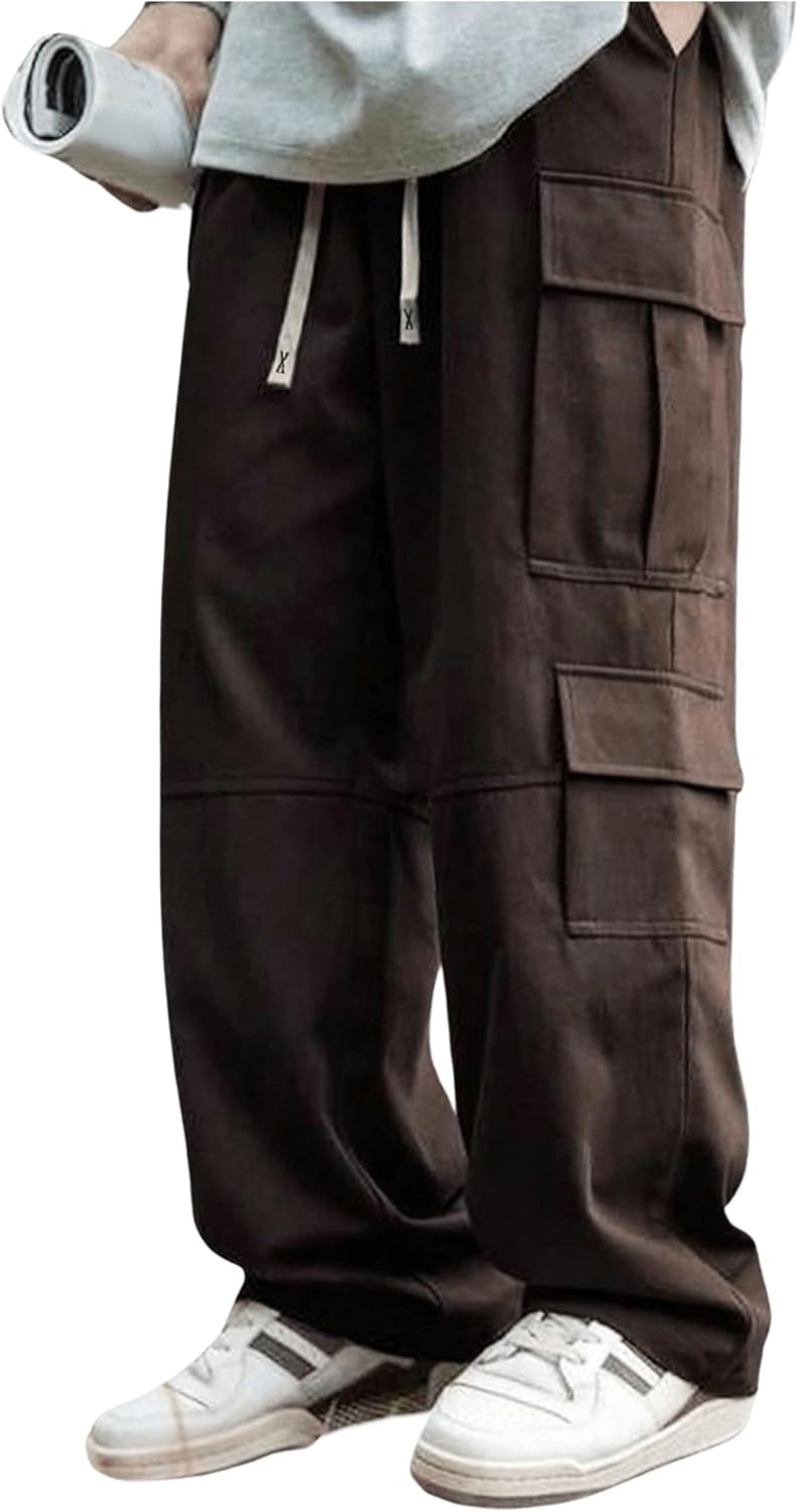 Men's Wide Leg Cargo Pants Drawstring Flap Pockets Hip Hop Baggy Track Pants Streetwear
