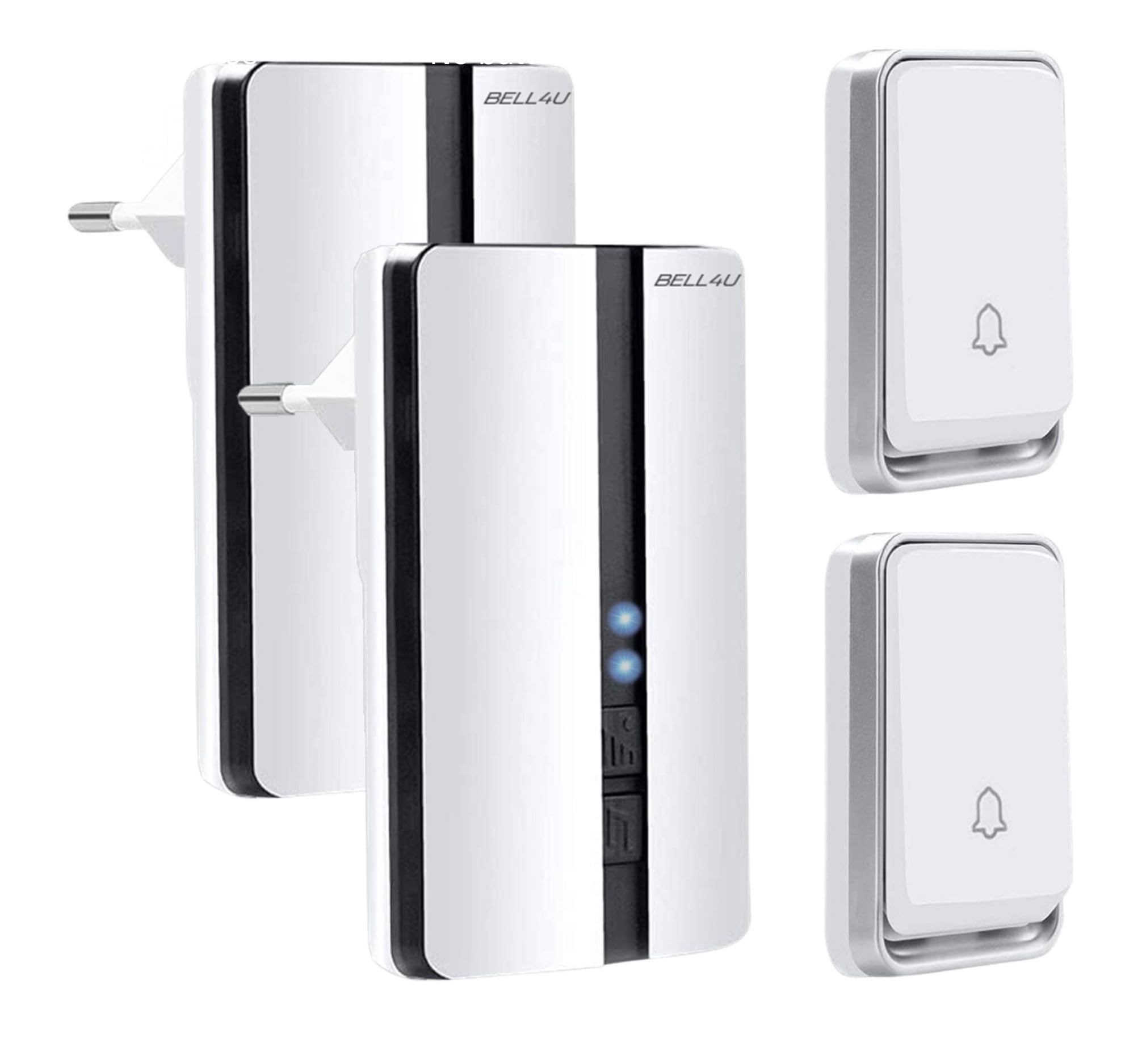 Funkklingel 2 Empfängern - Kabellos Türklingel - Klingel Haustür aussen wasserdicht - Batterielos - 2 Sender - Blinkende led - 4 Lautstärkestufen - 52 Klingeltönen - Weiß | Keine Batterien erforderlich, 200 m Reichweite, IP55, 51 Melodien, 4 Lautstärken,