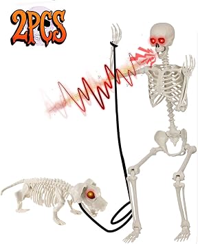 5.4FT Life Size Halloween Skeleton with Skeleton Dog, Large Animated Skeleton with Sound Activation & Glowing Eyes, Poseable Scary Decoration for Indoor Outdoor Yard Party