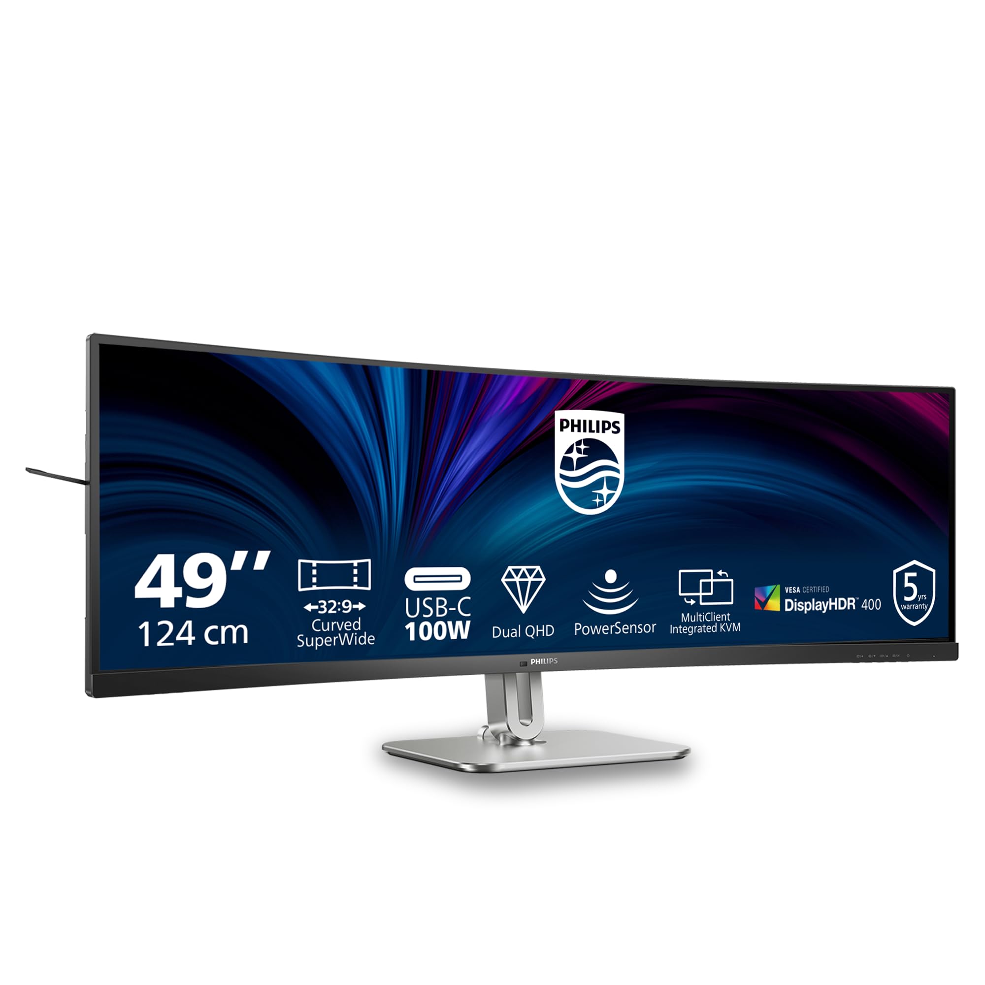 Philips Monitor 49B2U5900C 49 pollici Curvo 5120x1440, DQHD, 75Hz, VA Panel, 4ms GtG, USB Hub Speakers, Height Adjustment, (HDMI2x 2.1 TMDS DP 1x 1.4) HDR400, Grigio Antracite