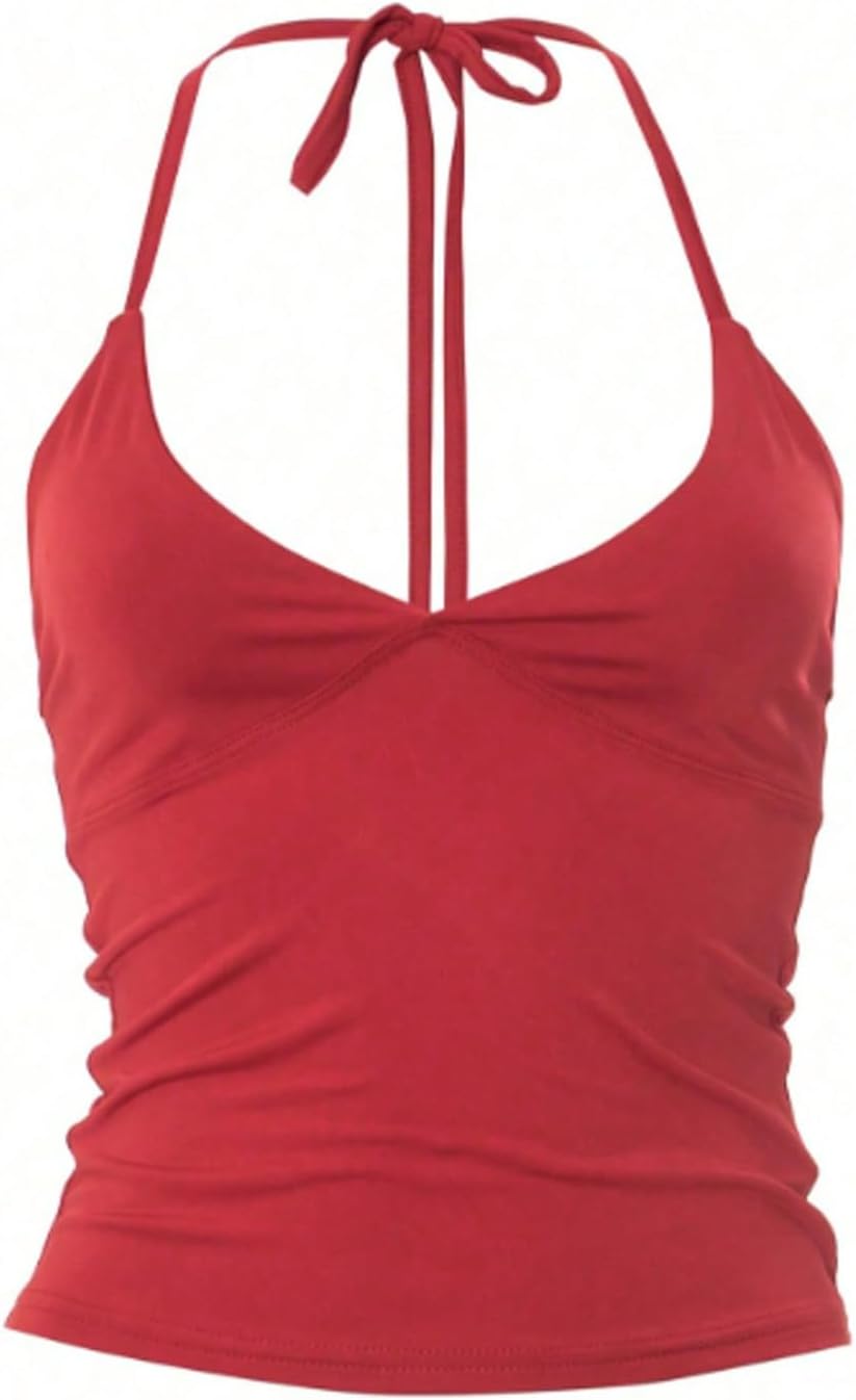 SOLY HUX Women's Halter Tops Y2k Deep V Neck Tie Backless Sleeveless Going Out Cami Crop Top - Image 5