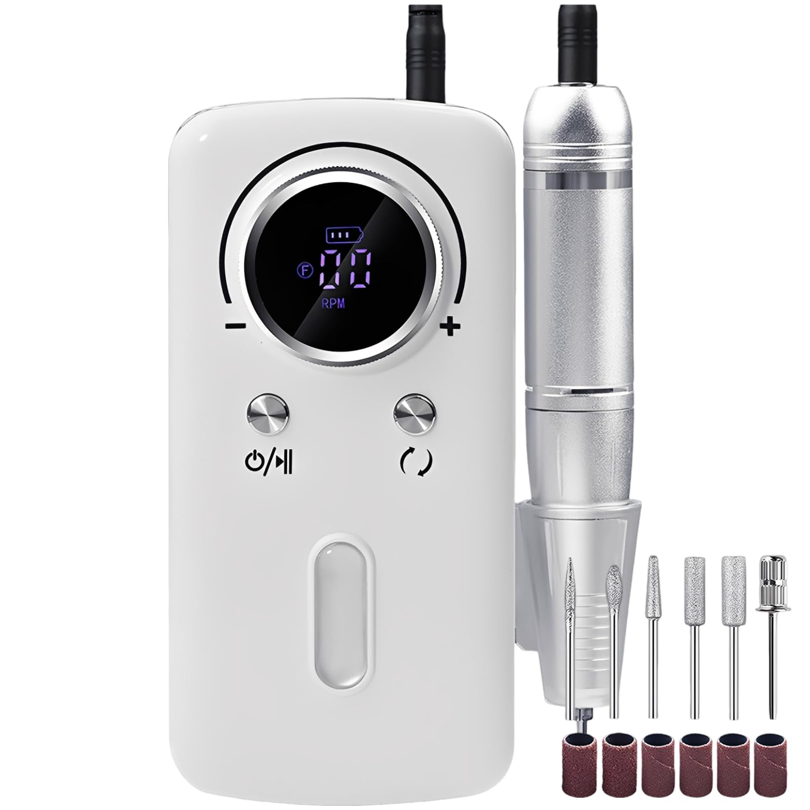 Trapano elettrico per unghie, portatile, ricaricabile, velocità 0-30000 giri/min, 6 punte da trapano, display LCD, direzione regolabile, batteria da 2200 mAh, interfaccia USB