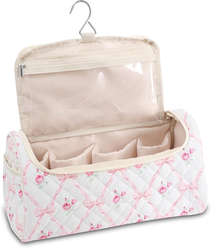 Estojo de viagem YATFRIK para ferramentas de cabelo com gancho, divisórias e estampa floral, Rosa bow 1
