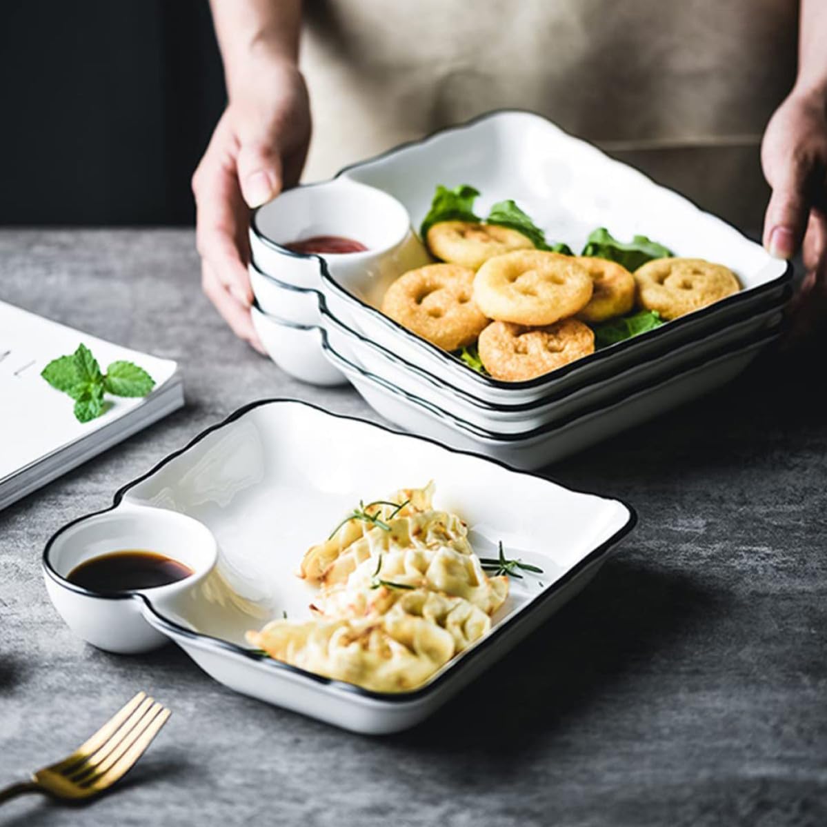 BESPORTBLE Plat à trempette en céramique 2 pièces blanc robuste pour sushis et amuse-gueules style moderne et chic adapté aux repas à domicile