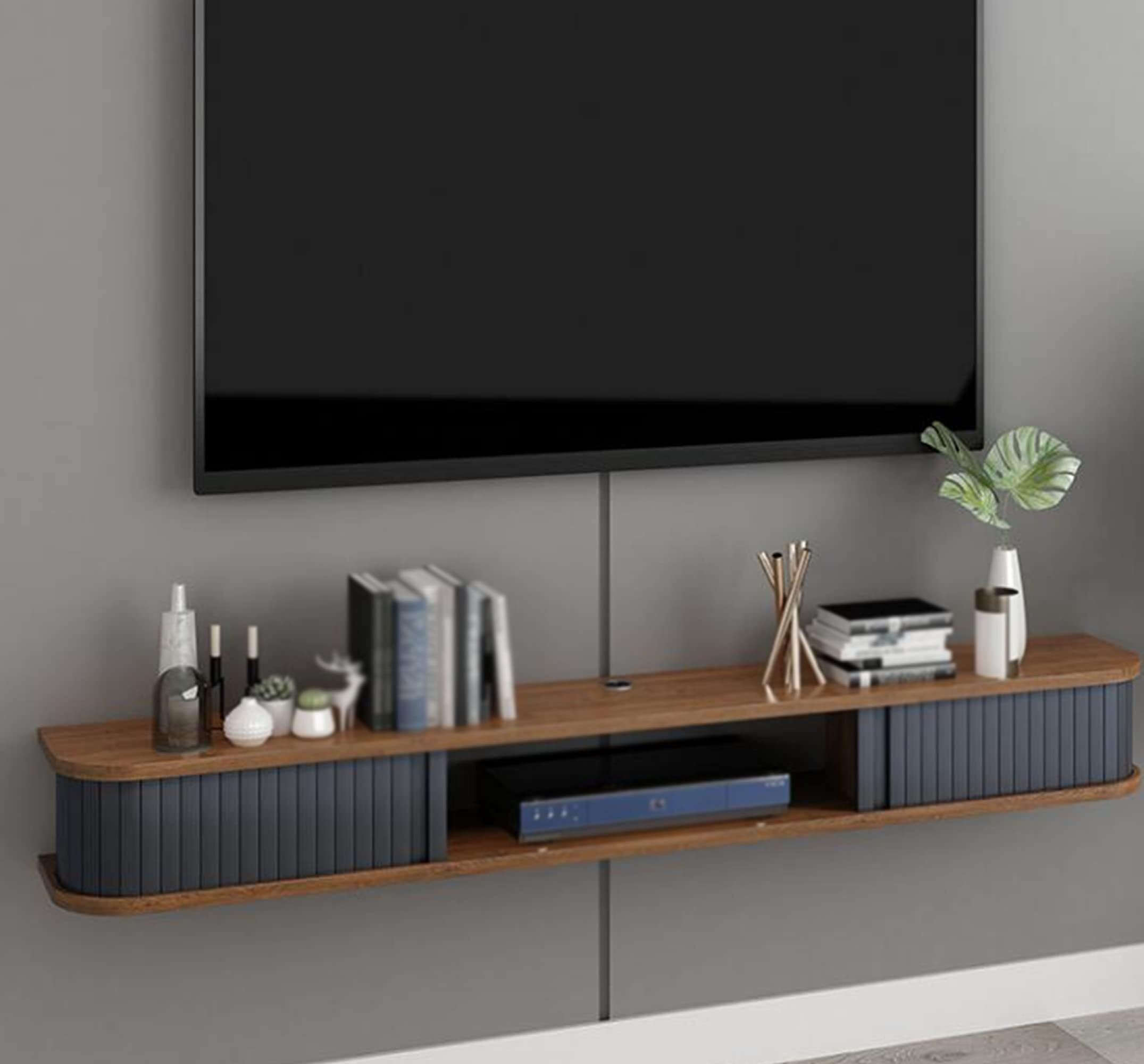 Mobile TV galleggiante con ante scorrevoli, supporto da parete per decoder, lettore DVD, mobile TV marrone (140 x 23,5 x 16 cm)