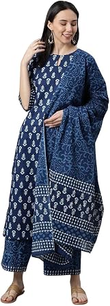 DREAMANGEL FASHION Womens Cotton Printed Straight Kurta with Palazzo and Dupatta Set
