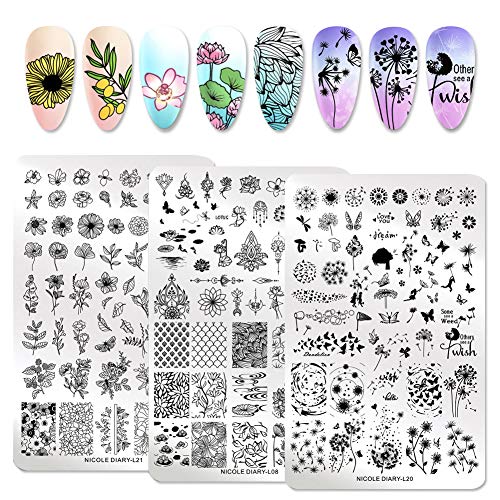 NICOLE DIARY Kit de placas de estampado de uñas - 3 piezas Plantillas de paletas de uñas Plantillas de hojas de flores y sellos de mariposa Conjunto de plantillas de arte de uñas Diseño de bricolaje