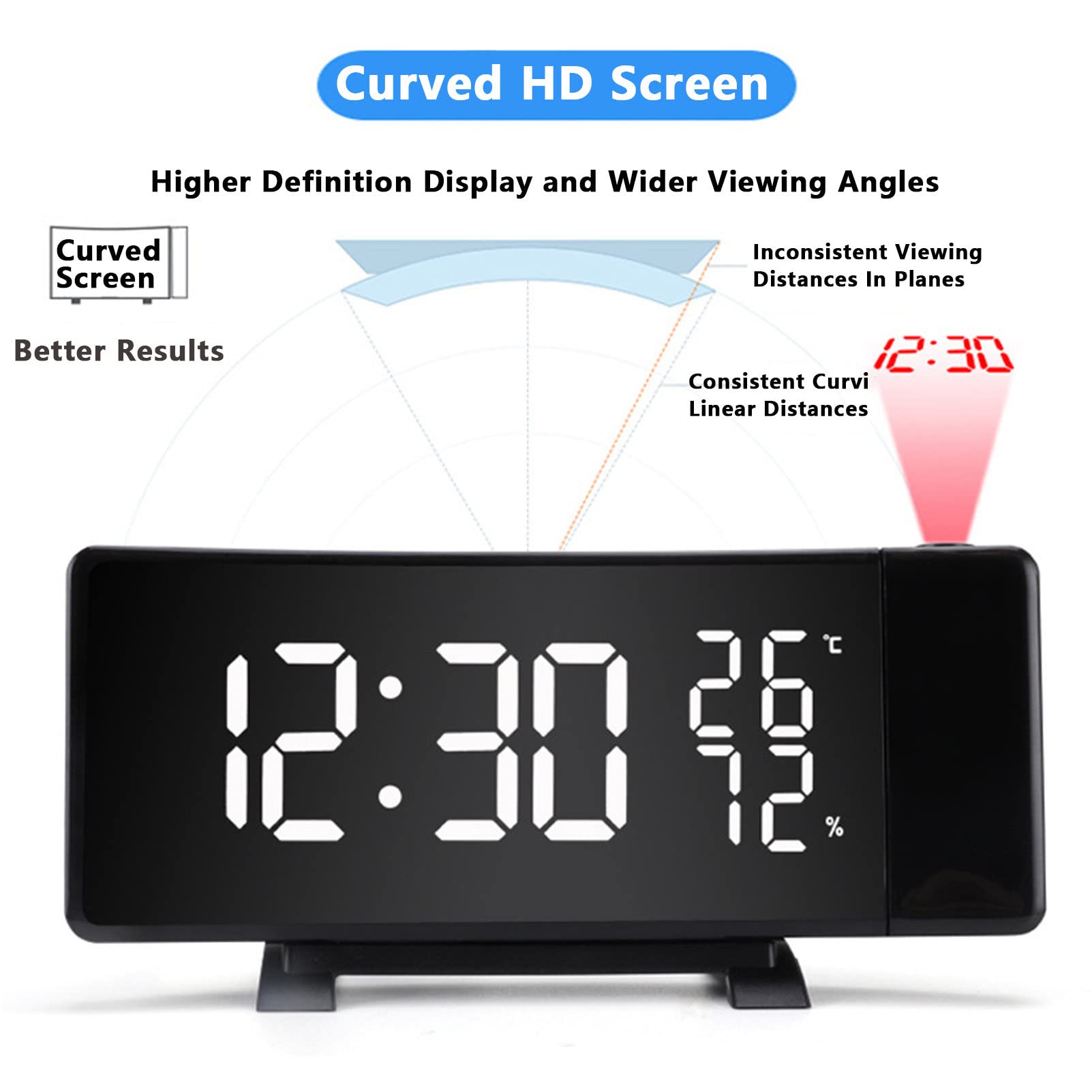 RayGenius Despertador De ProyeccióN Digital con Radio FM, Proyector De 180°, Gran Pantalla De Espejo Led De 7'', AtenuacióN AutomáTica, con Cargador USB para MóVil, NiñOs (Negro)