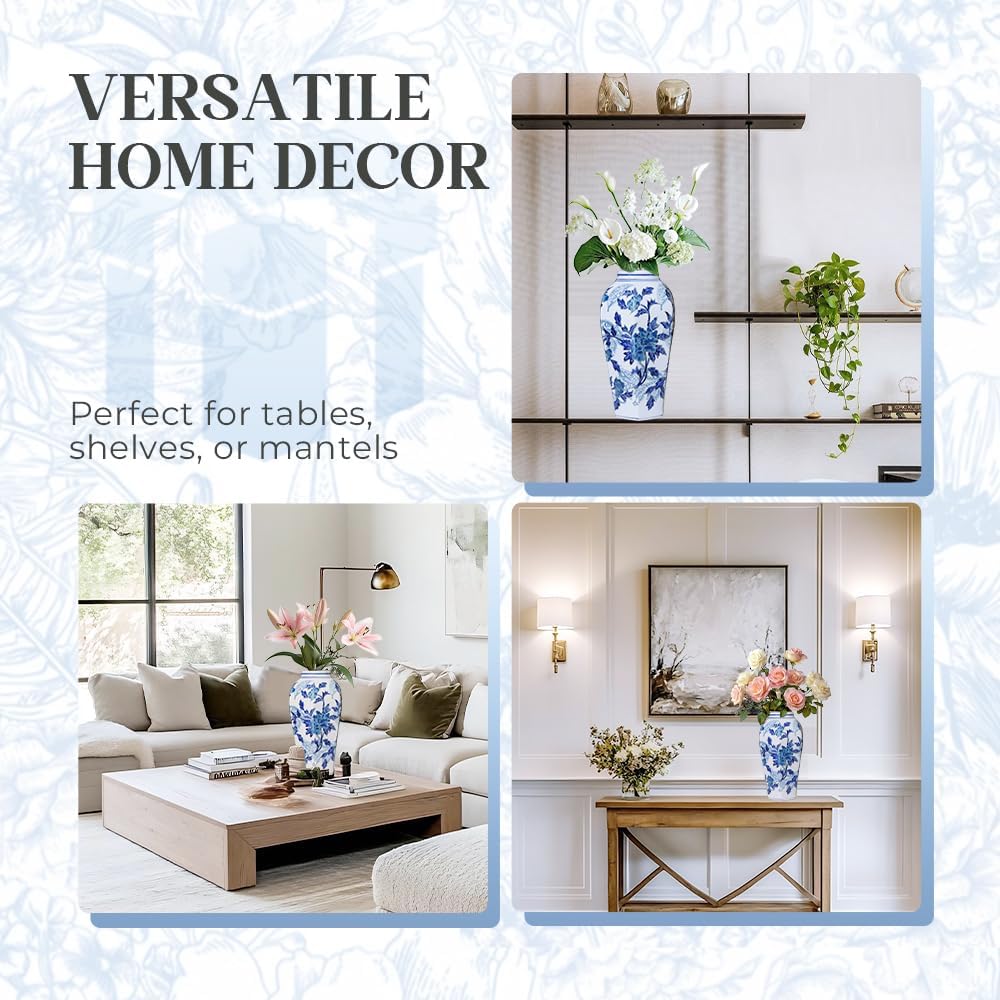 Blue and White Porcelain Vase - 14.6" Hand-Painted Chinoiserie Decor, Vintage Ceramic Vase Gift for Home, Wedding & Mother’s Day