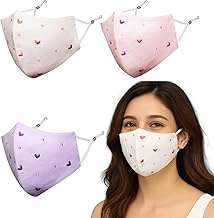 MASQ By Q-One Hearts 4 Layer, Anti-Pollution Reusable, with Ear Adjusters, Anti-Bacterial (BFE>99%) Embroidered Cotton Cloth Face Mask Combo for Women, Girls (Large, Purple-Pink-Peach, Pack of 3)