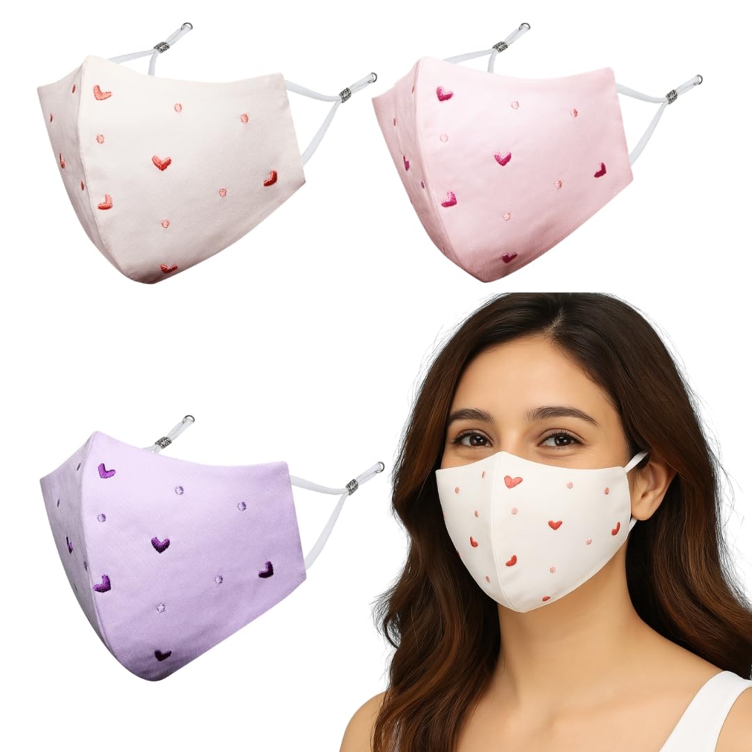 MASQ By Q-One Hearts 4 Layer, Anti-Pollution Reusable, with Ear Adjusters, Anti-Bacterial (BFE>99%) Embroidered Cotton Cloth Face Mask Combo for Women, Girls (Large, Purple-Pink-Peach, Pack of 3)