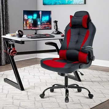 Gaming Chair Racing Ergonomic Racing Chair High Back PC Computer Gaming Chairs with Headrest Lumbar Support & Flip-up Arms PU Leather Adjustable Height Swivel, Red