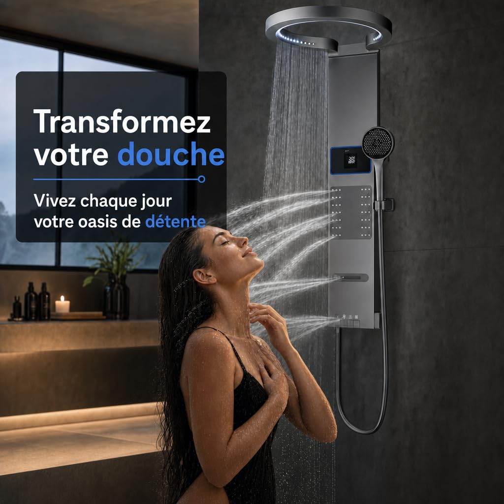 INEX EUROPA Panneau de douche thermostatique gris titane de luxe - Colonne de hydromassage avec garantie de 10 ans et 4 modes de fonctionnement - Colonne de douche de 105 cm de haut Collection Daytona